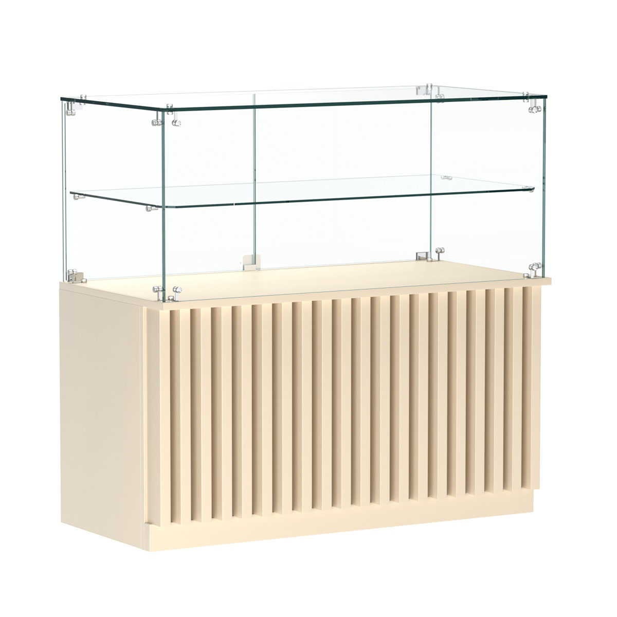 Торговый прилавок прямоугольный с планками и стеклянной полкой серии ВЕРТИКАЛЬ №31 Крем Вайс