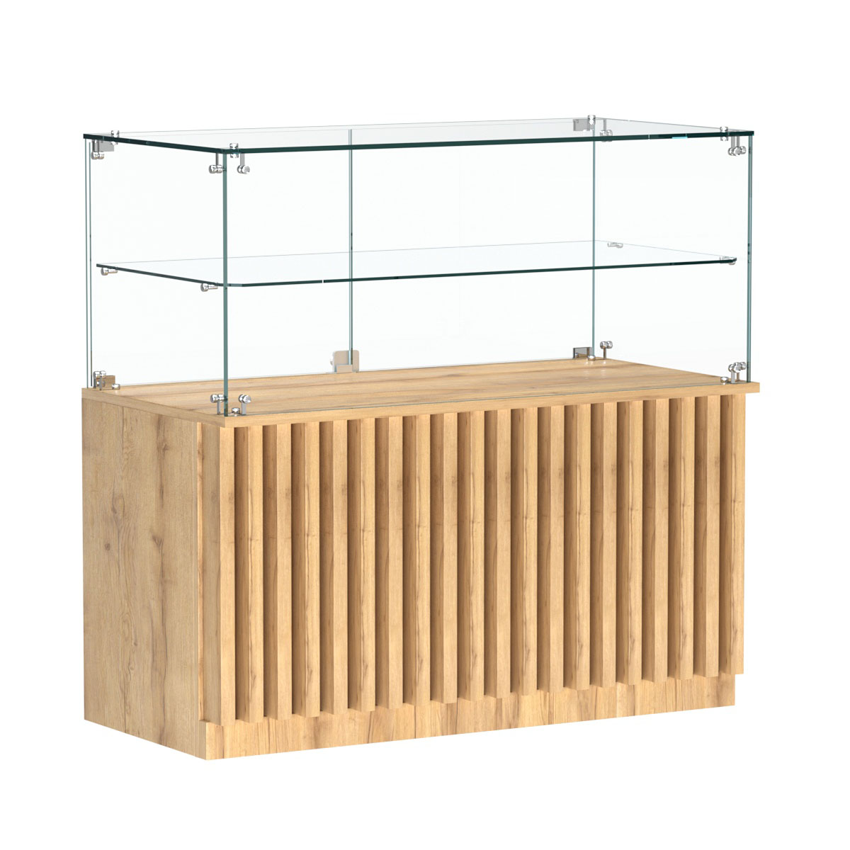 Торговый прилавок прямоугольный с планками и стеклянной полкой серии ВЕРТИКАЛЬ №31 Дуб Золотистый