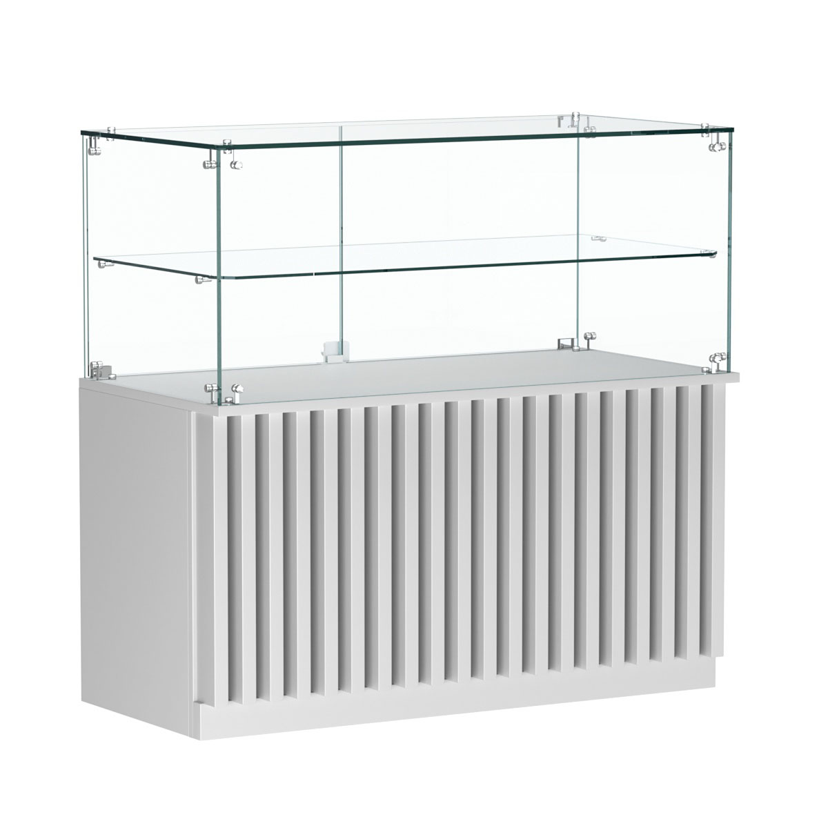 Торговый прилавок прямоугольный с планками и стеклянной полкой серии ВЕРТИКАЛЬ №31 Серый