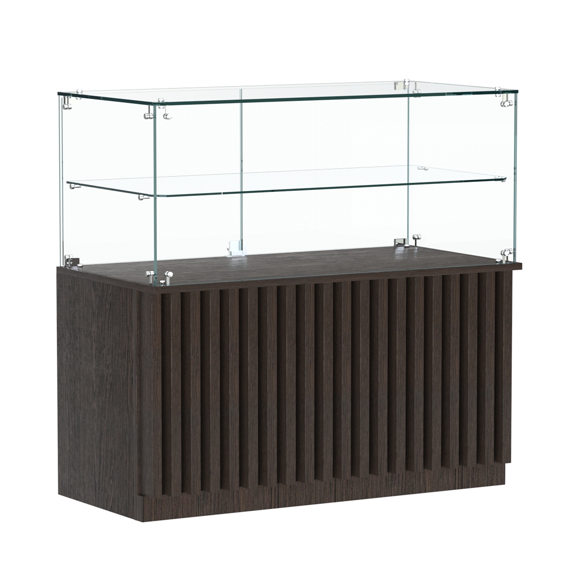 Торговый прилавок прямоугольный с планками и стеклянной полкой серии ВЕРТИКАЛЬ №31 Дуб Венге