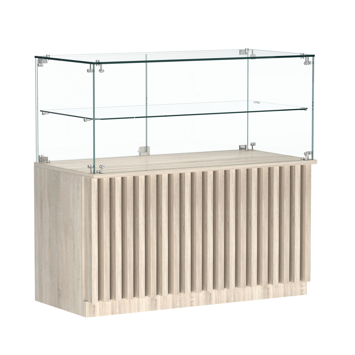 Торговый прилавок прямоугольный с планками и стеклянной полкой серии ВЕРТИКАЛЬ №31 Дуб сонома