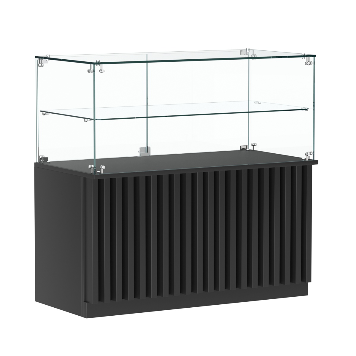 Торговый прилавок прямоугольный с планками и стеклянной полкой серии ВЕРТИКАЛЬ №31 Черный