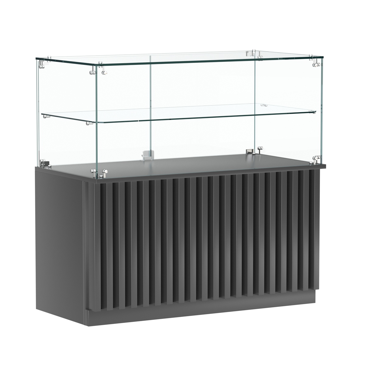 Торговый прилавок прямоугольный с планками и стеклянной полкой серии ВЕРТИКАЛЬ №31 Антрацит