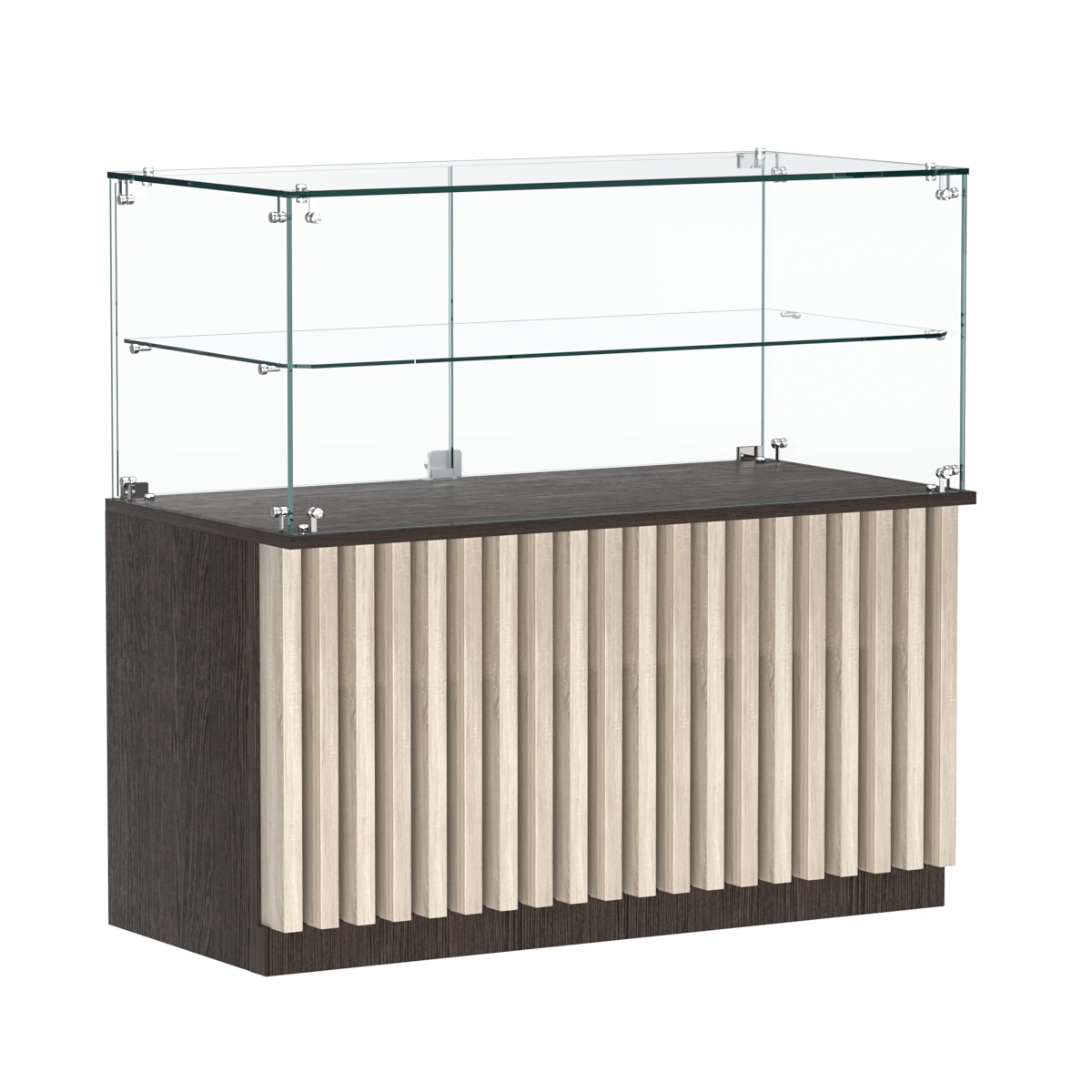 Торговый прилавок прямоугольный с планками и стеклянной полкой серии ВЕРТИКАЛЬ №31 Дуб Венге и Дуб Сонома