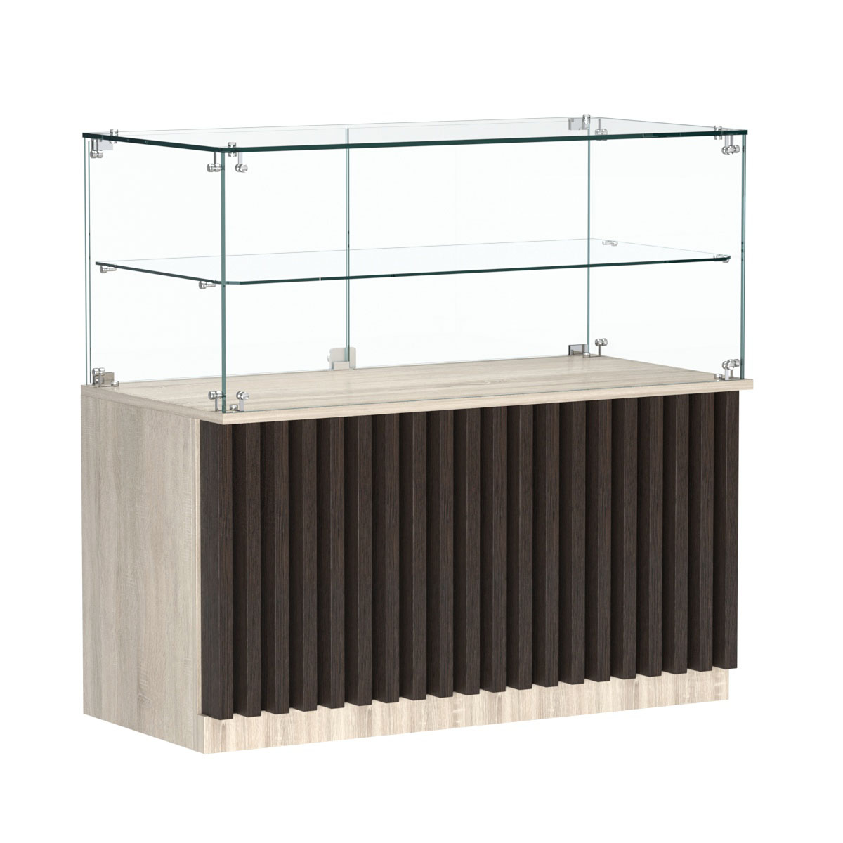 Торговый прилавок прямоугольный с планками и стеклянной полкой серии ВЕРТИКАЛЬ №31 Дуб Сонома + Дуб Венге