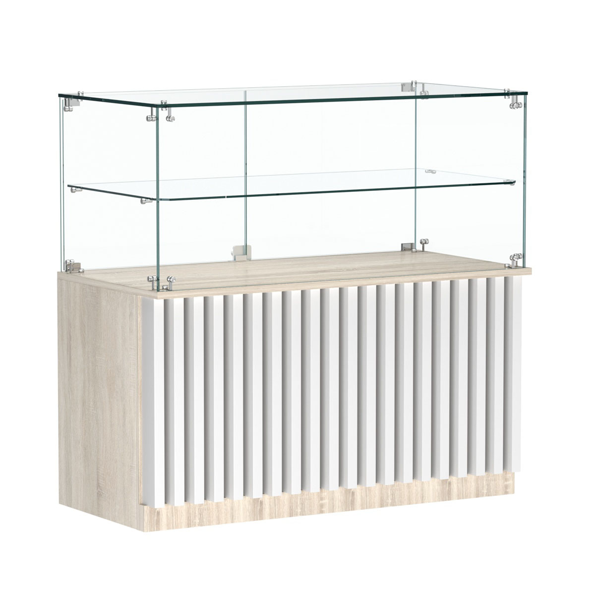 Торговый прилавок прямоугольный с планками и стеклянной полкой серии ВЕРТИКАЛЬ №31 Дуб Сонома + Белый