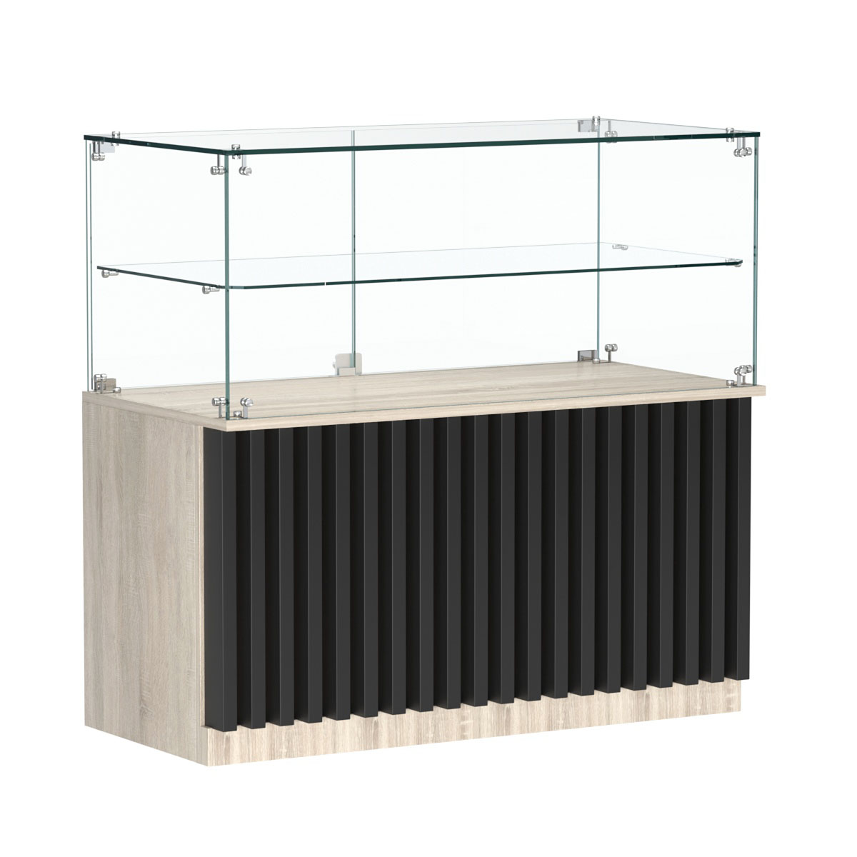 Торговый прилавок прямоугольный с планками и стеклянной полкой серии ВЕРТИКАЛЬ №31 Дуб Сонома + Черный