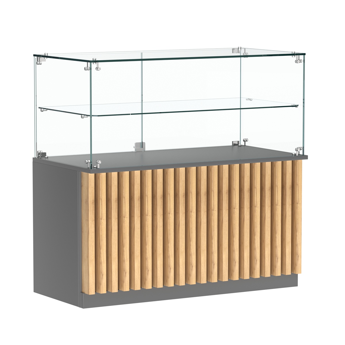Торговый прилавок прямоугольный с планками и стеклянной полкой серии ВЕРТИКАЛЬ №31 Темно-серый и Дуб Золотистый