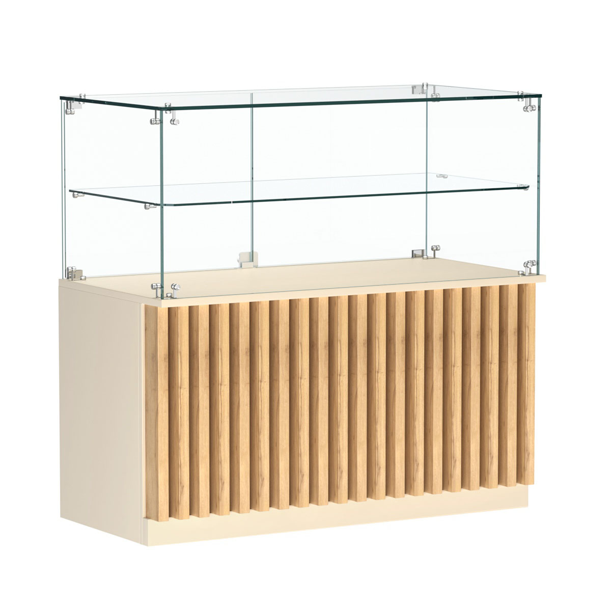 Торговый прилавок прямоугольный с планками и стеклянной полкой серии ВЕРТИКАЛЬ №31 Крем Вайс и Дуб Золотистый