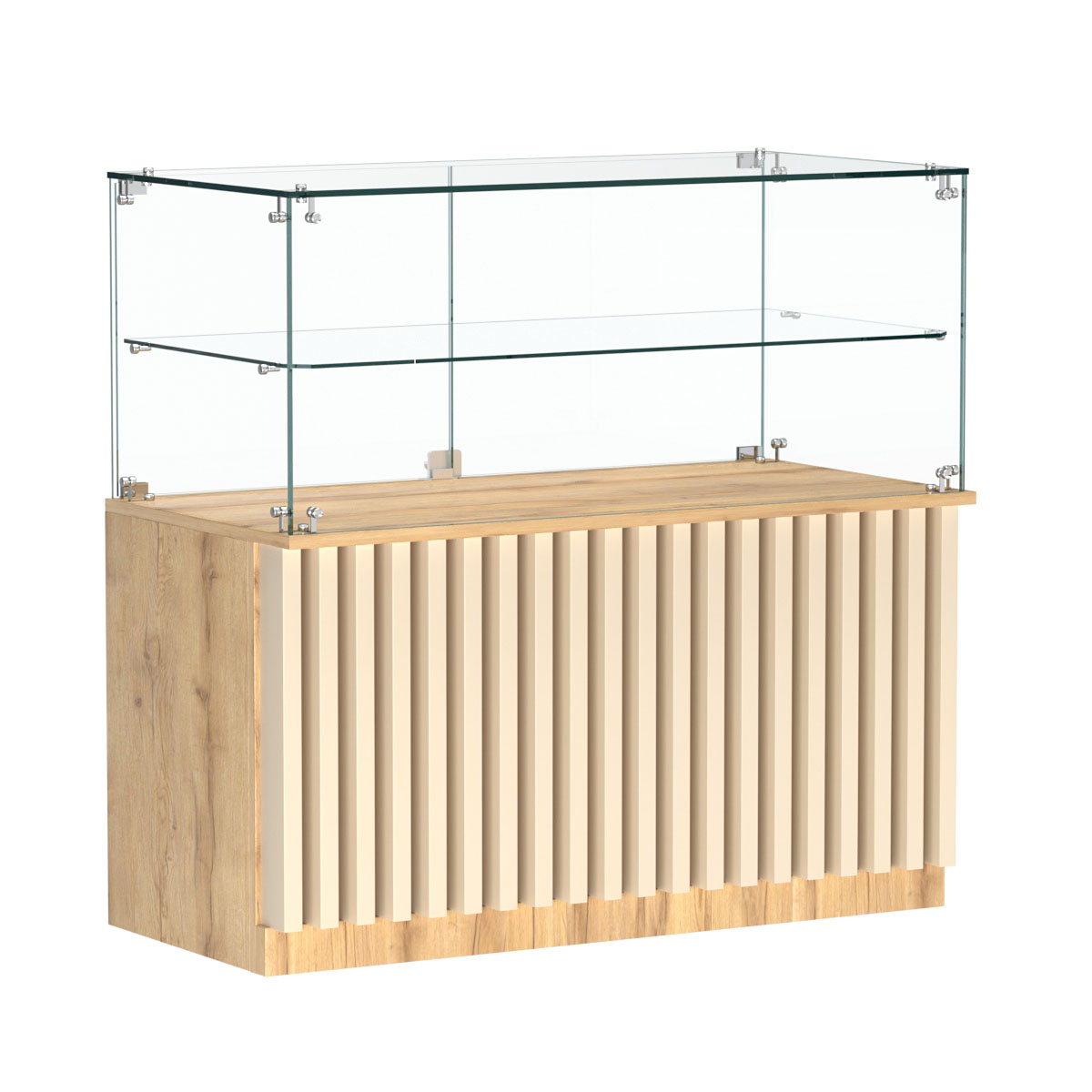 Торговый прилавок прямоугольный с планками и стеклянной полкой серии ВЕРТИКАЛЬ №31 Дуб Золотистый и Крем Вайс