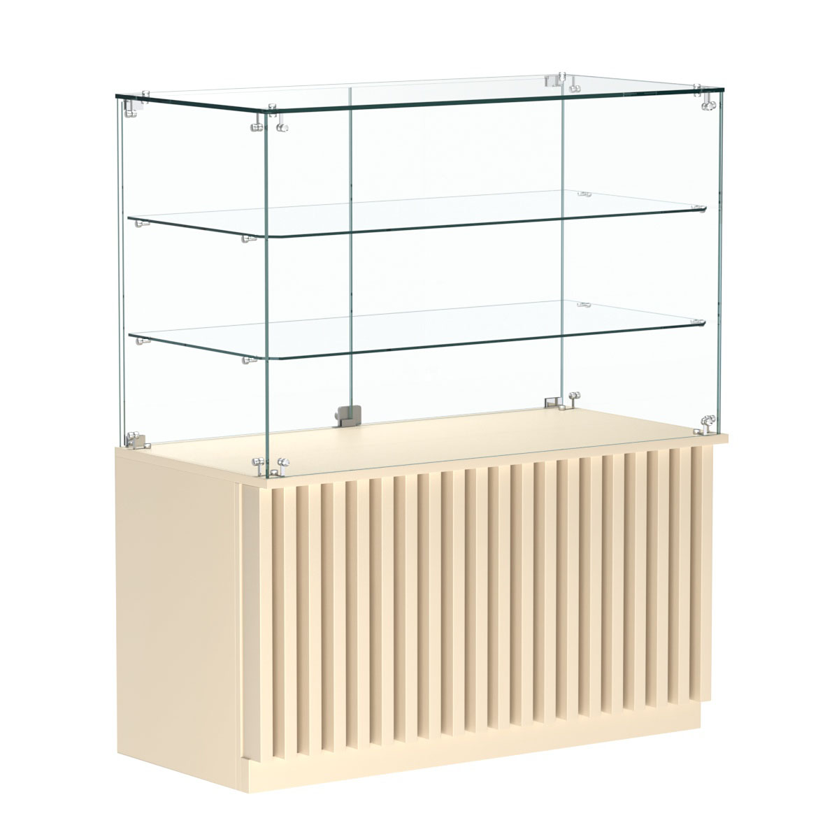 Торговый прилавок прямоугольный с планками и двумя стеклянными полками серии ВЕРТИКАЛЬ №32 Крем Вайс