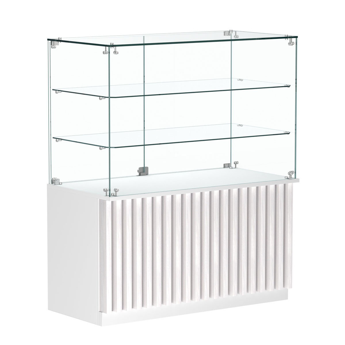 Торговый прилавок прямоугольный с планками и двумя стеклянными полками серии ВЕРТИКАЛЬ №32 Белый