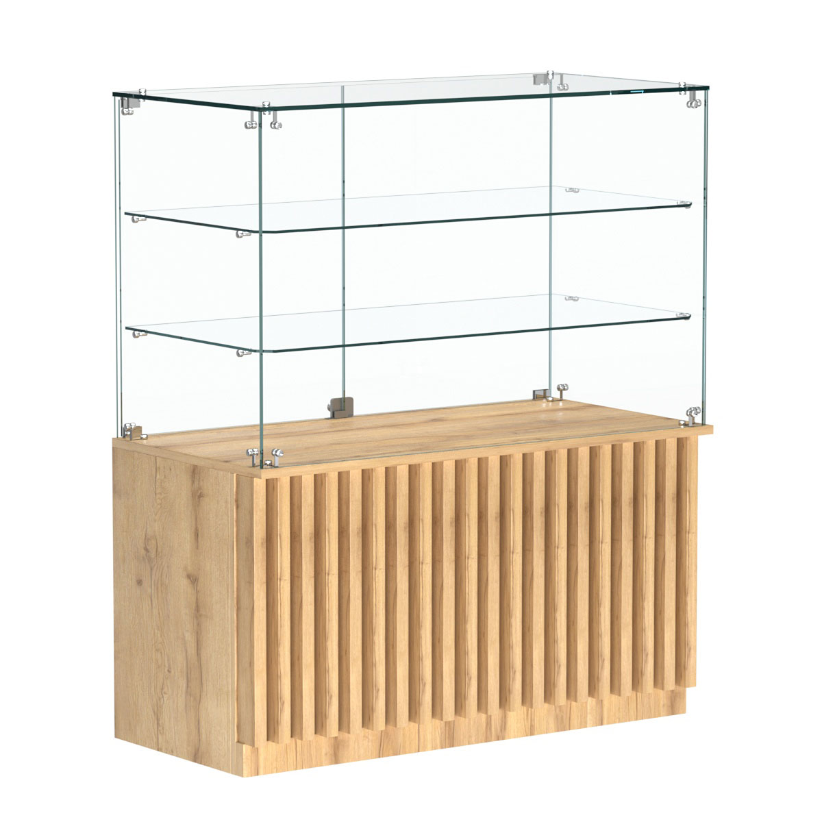 Торговый прилавок прямоугольный с планками и двумя стеклянными полками серии ВЕРТИКАЛЬ №32 Дуб Золотистый