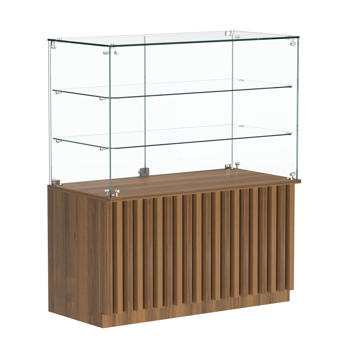 Торговый прилавок прямоугольный с планками и двумя стеклянными полками серии ВЕРТИКАЛЬ №32 Орех