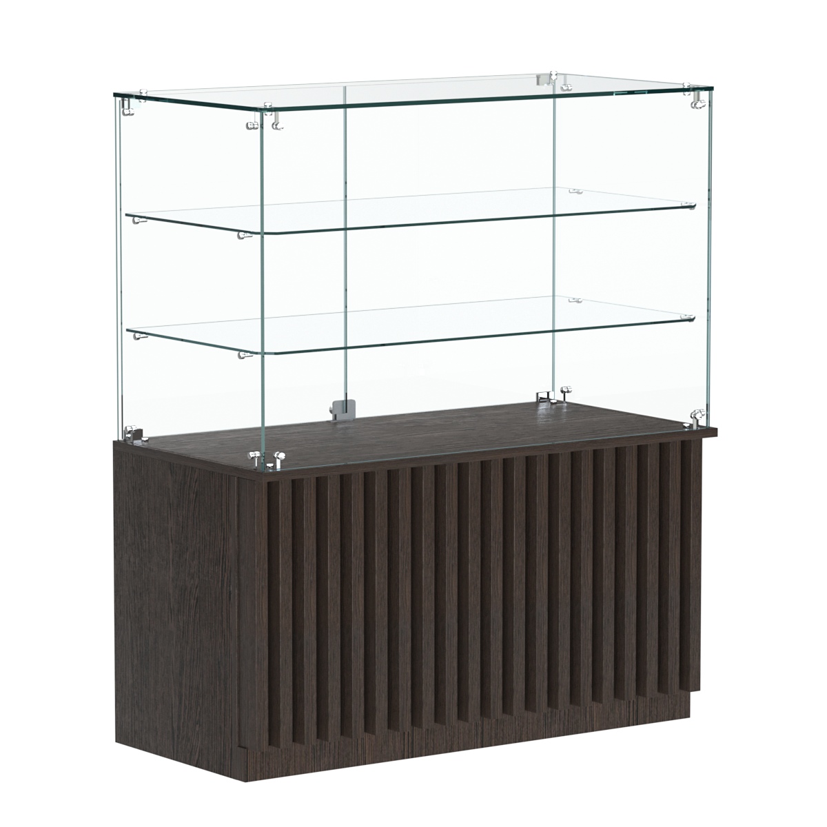 Торговый прилавок прямоугольный с планками и двумя стеклянными полками серии ВЕРТИКАЛЬ №32 Дуб Венге