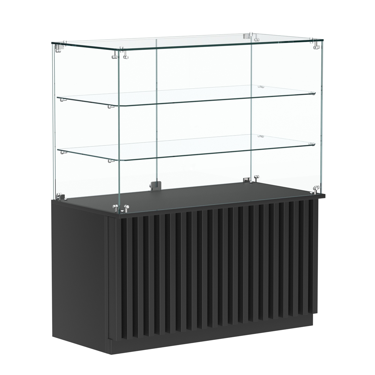 Торговый прилавок прямоугольный с планками и двумя стеклянными полками серии ВЕРТИКАЛЬ №32 Черный