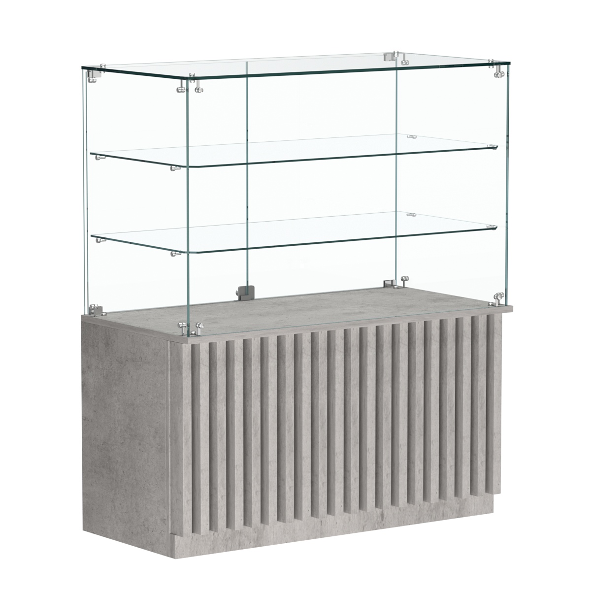 Торговый прилавок прямоугольный с планками и двумя стеклянными полками серии ВЕРТИКАЛЬ №32 Бетон Чикаго светло-серый F186 ST9