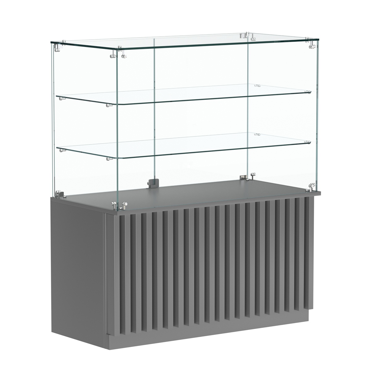 Торговый прилавок прямоугольный с планками и двумя стеклянными полками серии ВЕРТИКАЛЬ №32 Темно-Серый