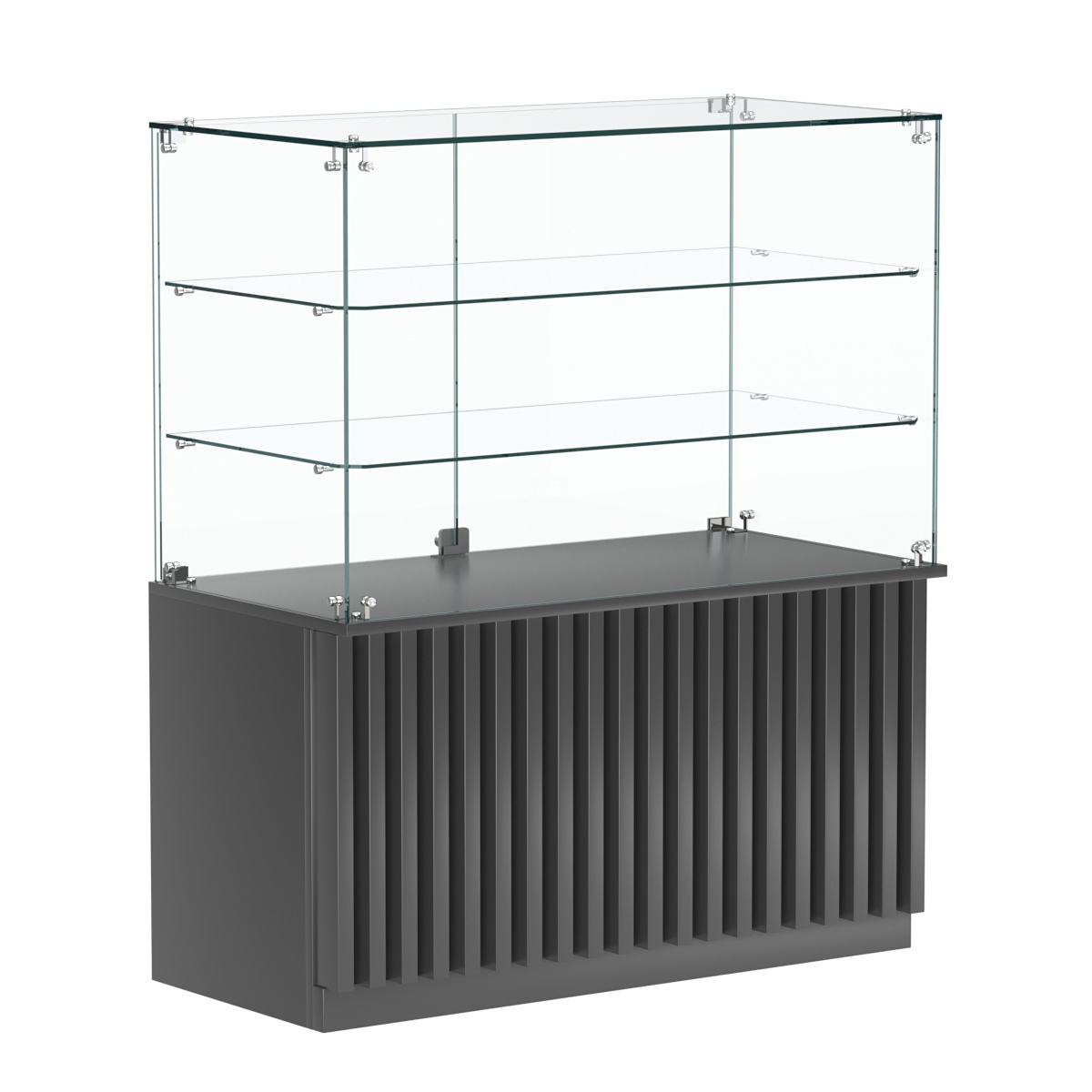 Торговый прилавок прямоугольный с планками и двумя стеклянными полками серии ВЕРТИКАЛЬ №32 Антрацит