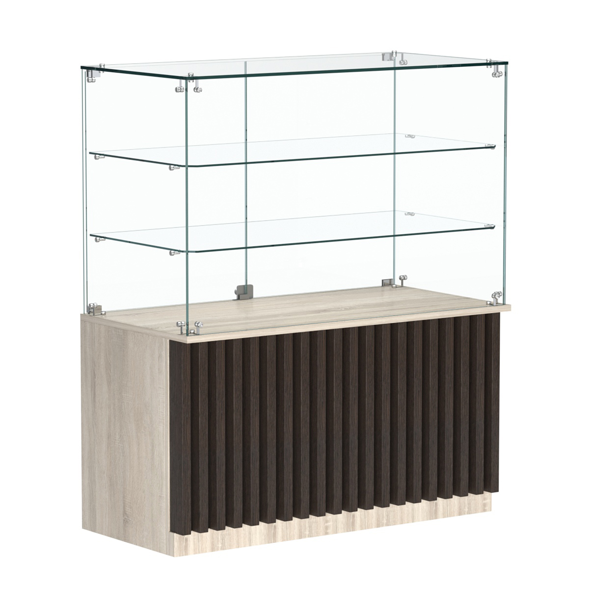 Торговый прилавок прямоугольный с планками и двумя стеклянными полками серии ВЕРТИКАЛЬ №32 Дуб Сонома + Дуб Венге