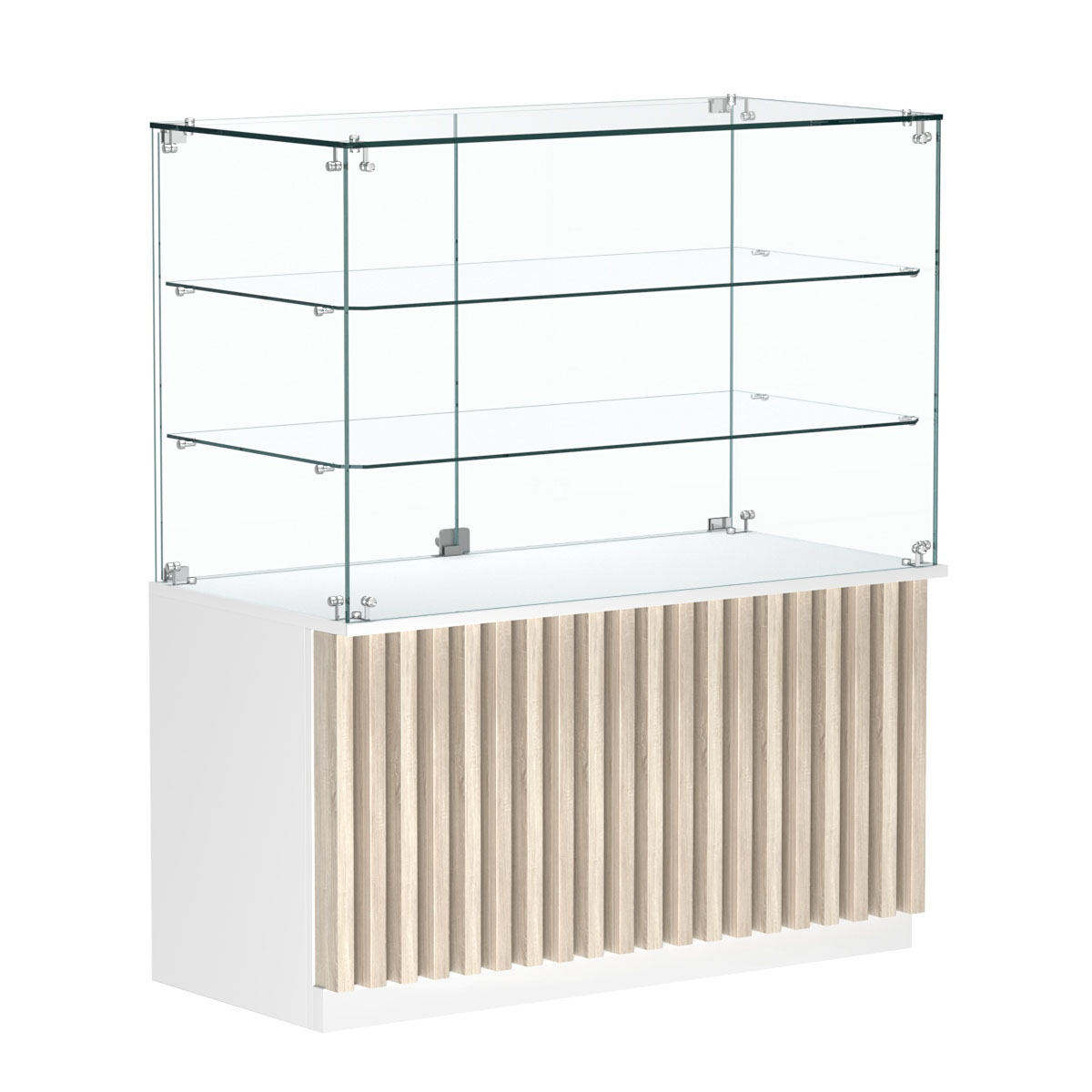 Торговый прилавок прямоугольный с планками и двумя стеклянными полками серии ВЕРТИКАЛЬ №32 Белый + Дуб Сонома