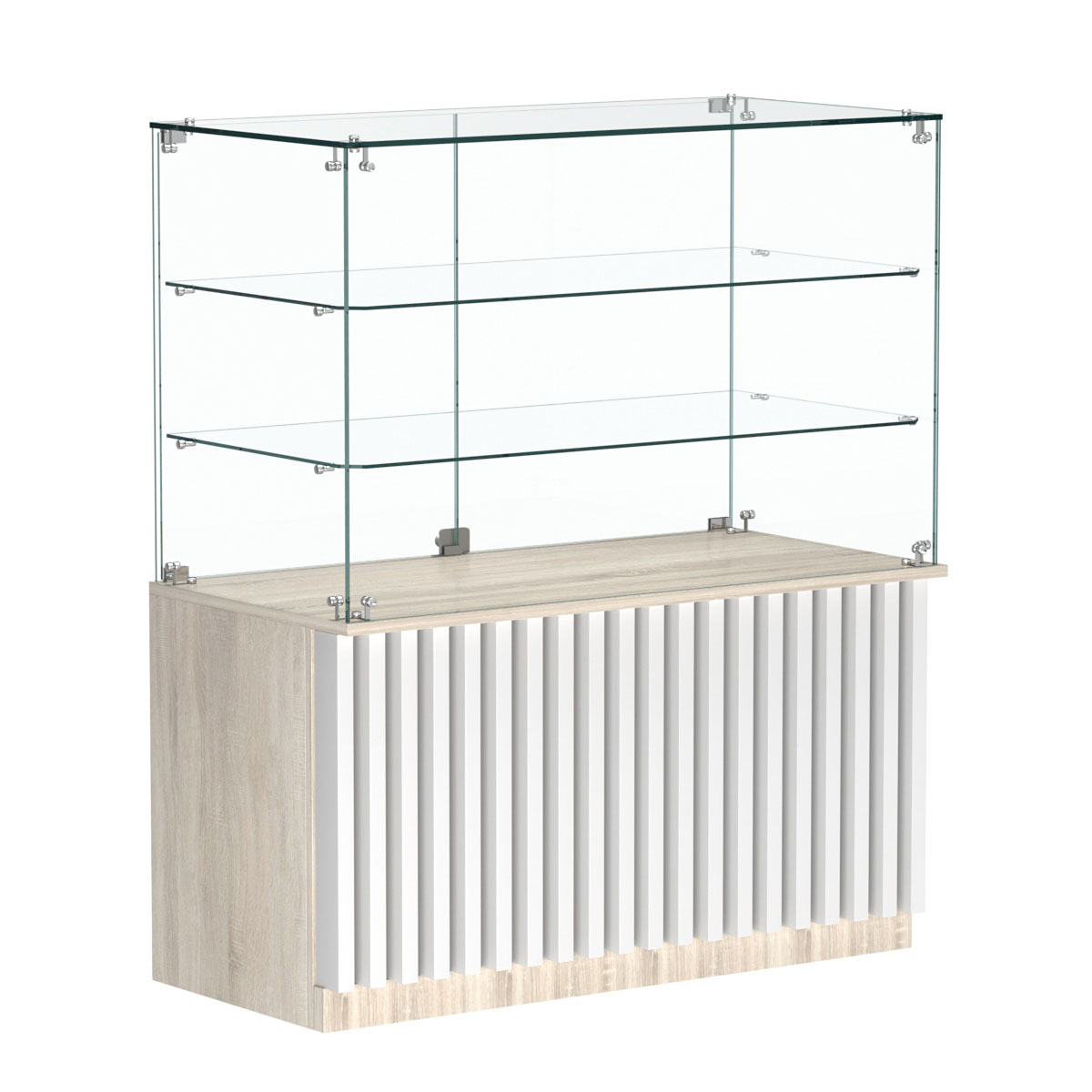 Торговый прилавок прямоугольный с планками и двумя стеклянными полками серии ВЕРТИКАЛЬ №32 Дуб Сонома + Белый