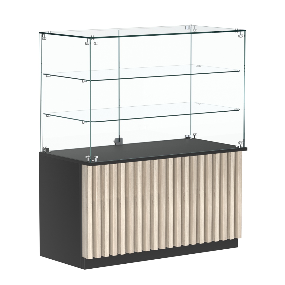 Торговый прилавок прямоугольный с планками и двумя стеклянными полками серии ВЕРТИКАЛЬ №32 Черный + Дуб Сонома