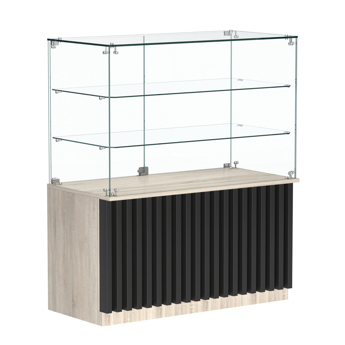 Торговый прилавок прямоугольный с планками и двумя стеклянными полками серии ВЕРТИКАЛЬ №32 Дуб Сонома + Черный