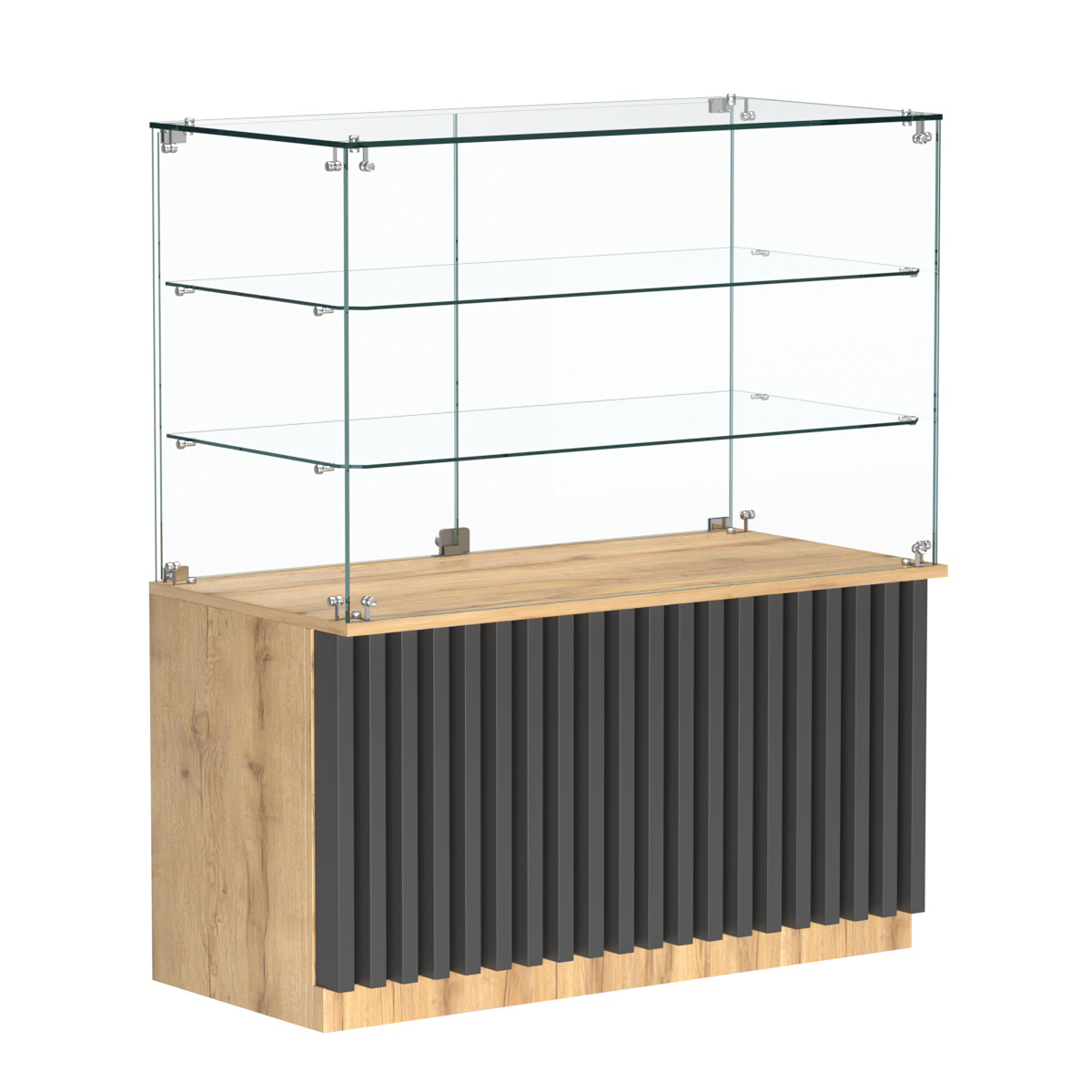 Торговый прилавок прямоугольный с планками и двумя стеклянными полками серии ВЕРТИКАЛЬ №32 Дуб Золотистый и Темно-Серый