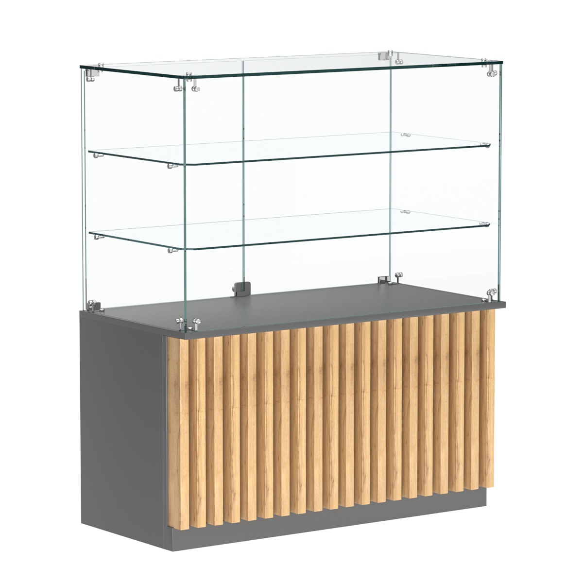 Торговый прилавок прямоугольный с планками и двумя стеклянными полками серии ВЕРТИКАЛЬ №32 Темно-серый и Дуб Золотистый