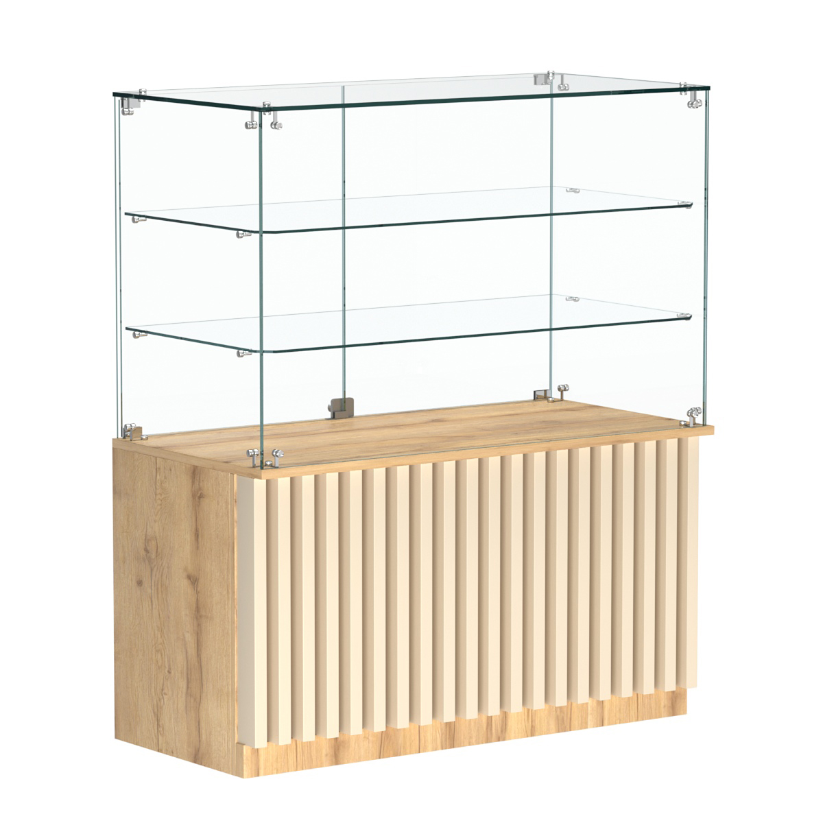 Торговый прилавок прямоугольный с планками и двумя стеклянными полками серии ВЕРТИКАЛЬ №32 Дуб Золотистый и Крем Вайс