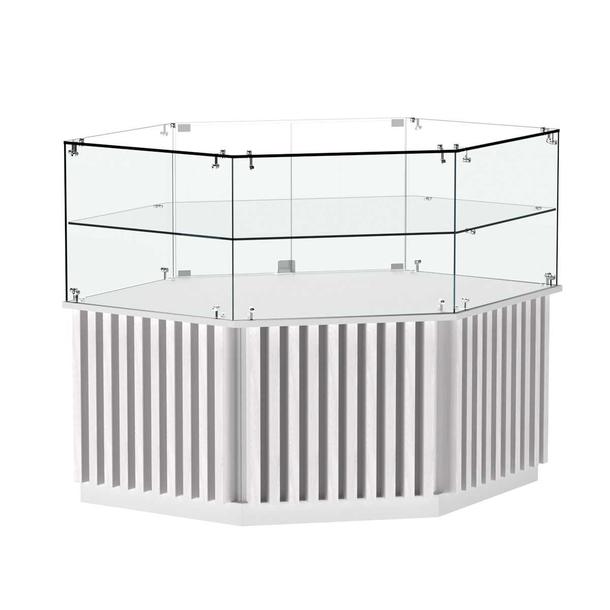 Торговый прилавок низкий шестигранный с планками и одной полкой серии ВЕРТИКАЛЬ №36 Белый