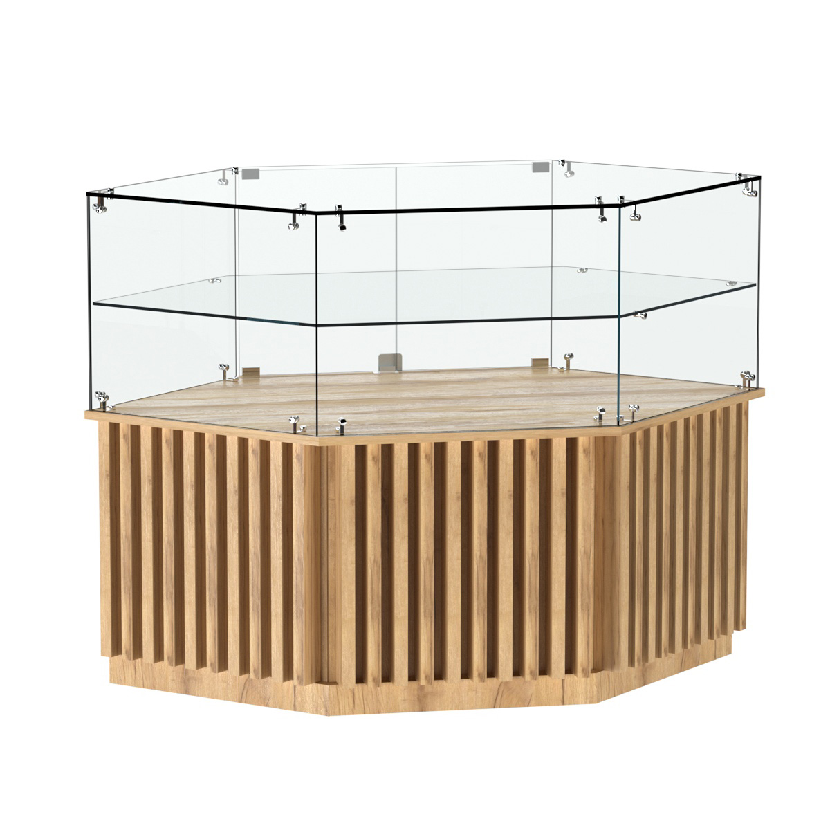 Торговый прилавок низкий шестигранный с планками и одной полкой серии ВЕРТИКАЛЬ №36 Дуб Золотистый