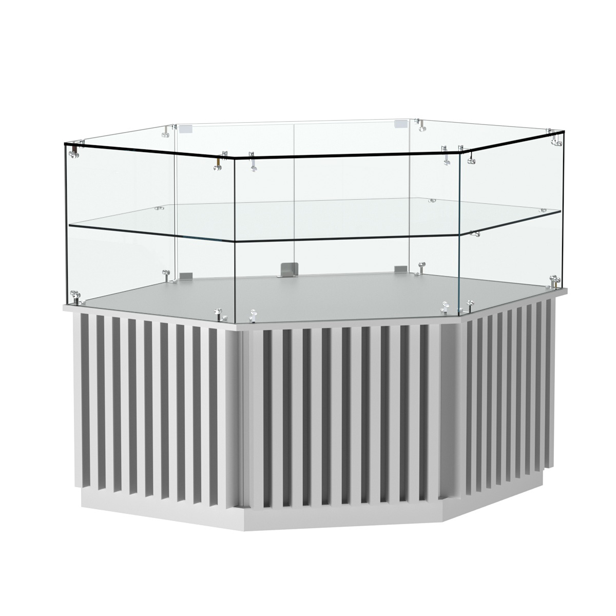 Торговый прилавок низкий шестигранный с планками и одной полкой серии ВЕРТИКАЛЬ №36 Серый