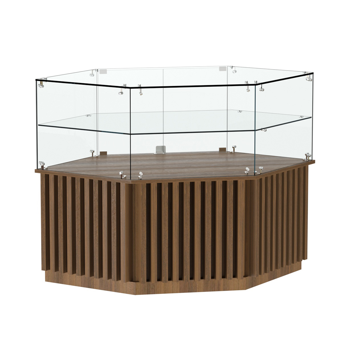 Торговый прилавок низкий шестигранный с планками и одной полкой серии ВЕРТИКАЛЬ №36 Орех