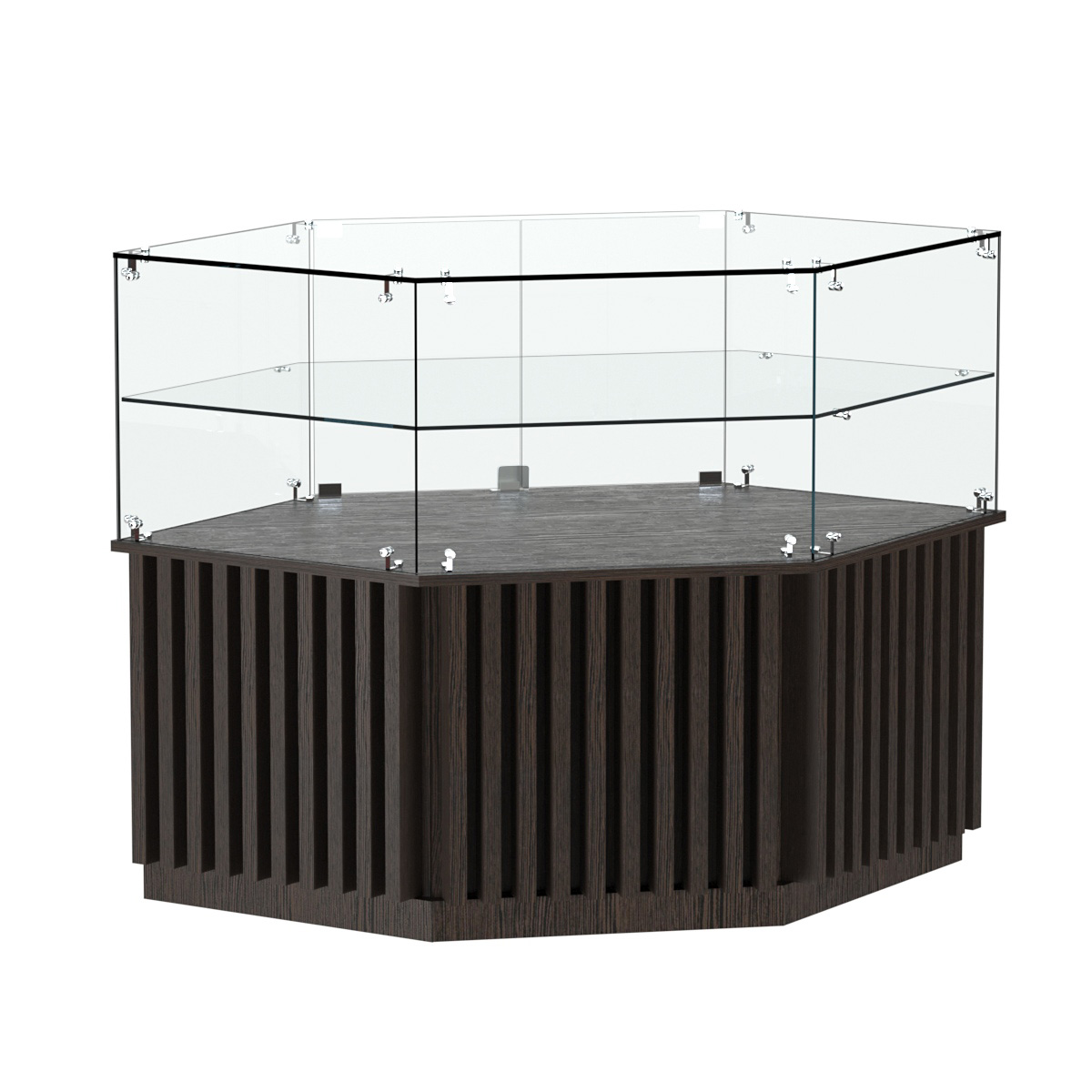 Торговый прилавок низкий шестигранный с планками и одной полкой серии ВЕРТИКАЛЬ №36 Дуб Венге