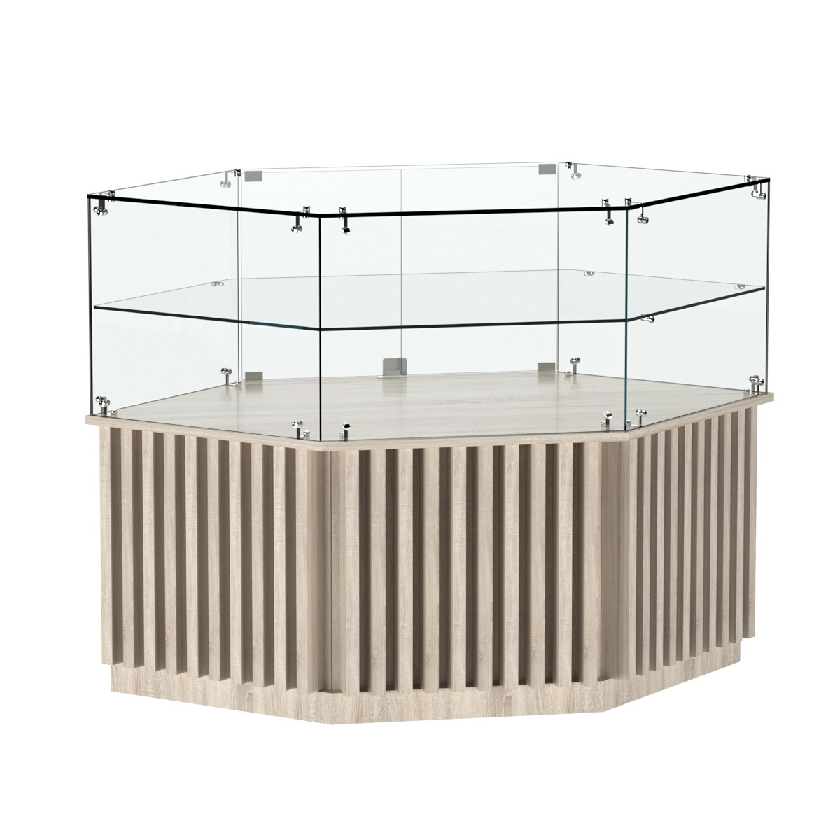 Торговый прилавок низкий шестигранный с планками и одной полкой серии ВЕРТИКАЛЬ №36 Дуб сонома