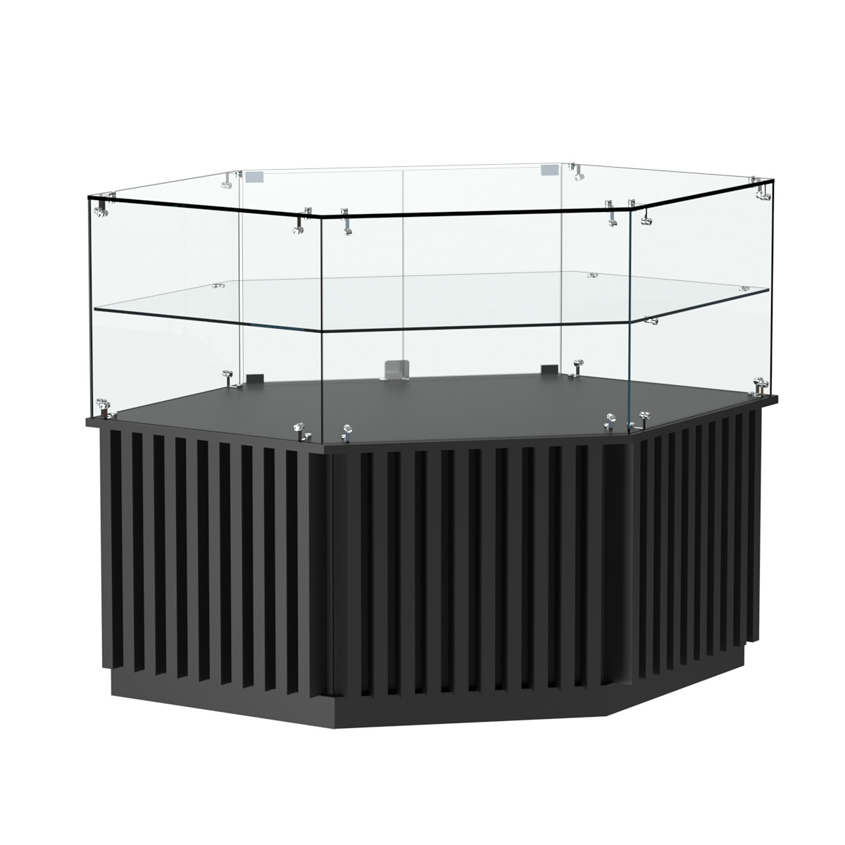 Торговый прилавок низкий шестигранный с планками и одной полкой серии ВЕРТИКАЛЬ №36 Черный