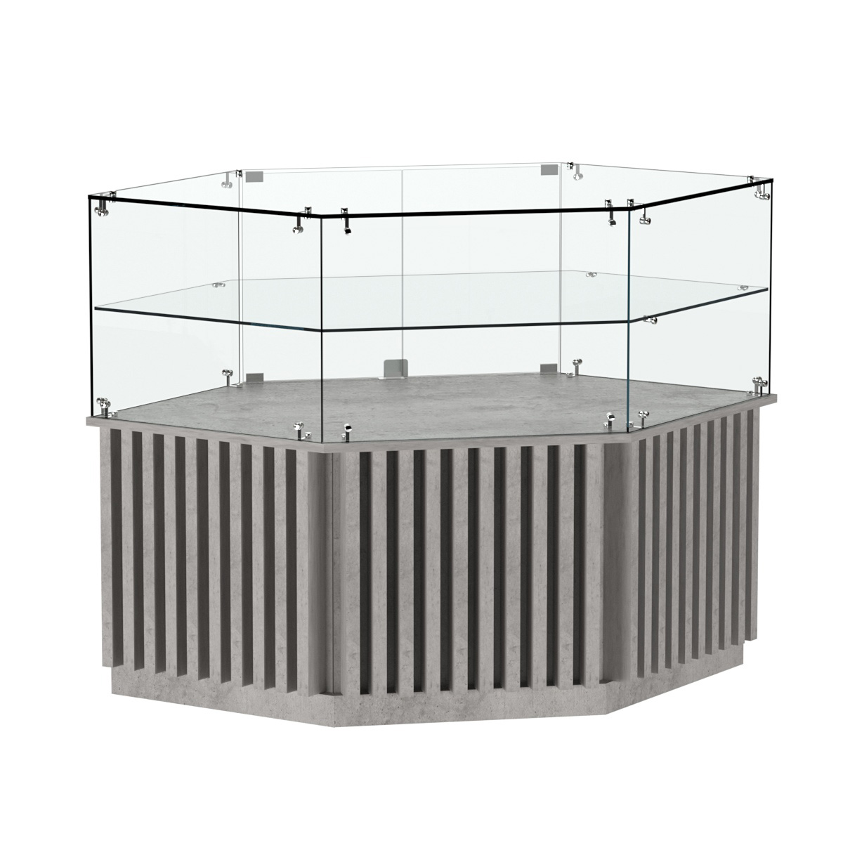 Торговый прилавок низкий шестигранный с планками и одной полкой серии ВЕРТИКАЛЬ №36 Бетон Чикаго светло-серый F186 ST9