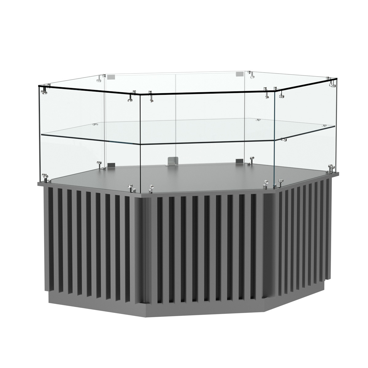 Торговый прилавок низкий шестигранный с планками и одной полкой серии ВЕРТИКАЛЬ №36 Темно-Серый