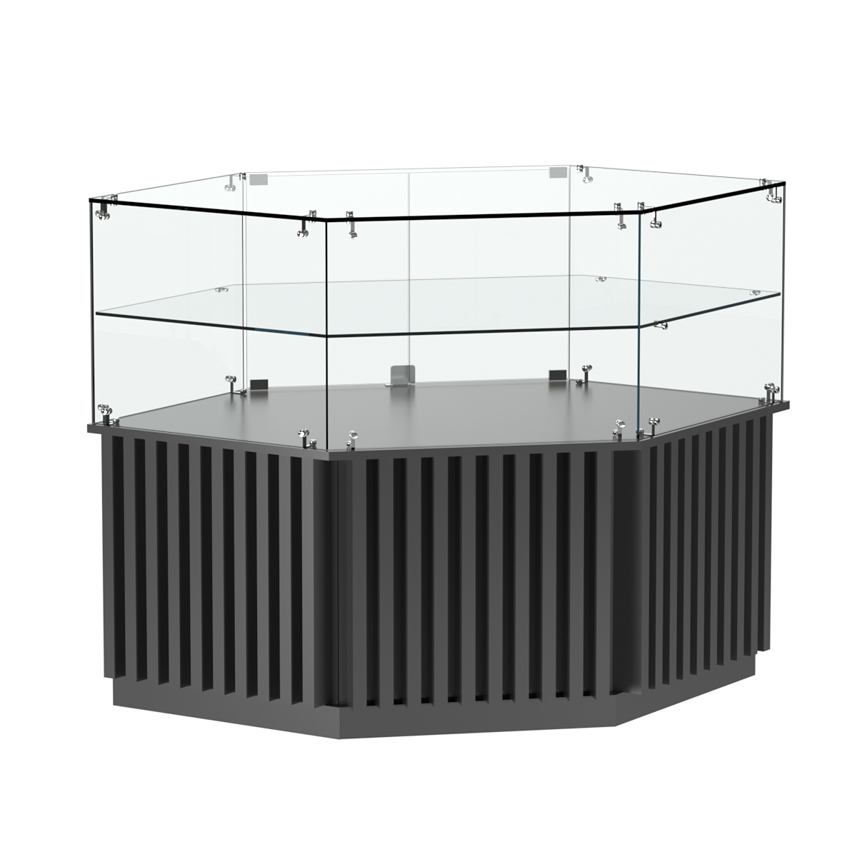 Торговый прилавок низкий шестигранный с планками и одной полкой серии ВЕРТИКАЛЬ №36 Антрацит