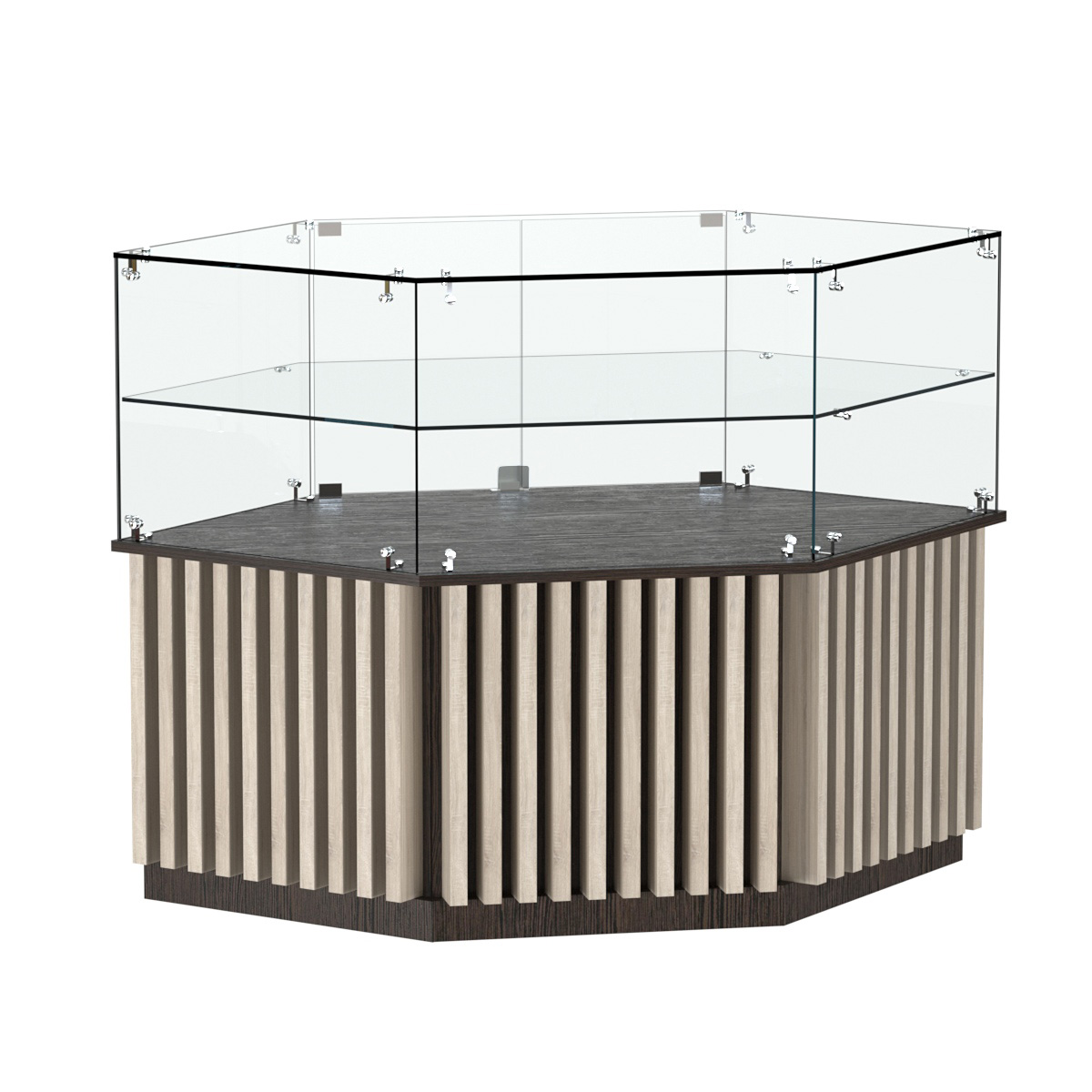 Торговый прилавок низкий шестигранный с планками и одной полкой серии ВЕРТИКАЛЬ №36 Дуб Венге и Дуб Сонома