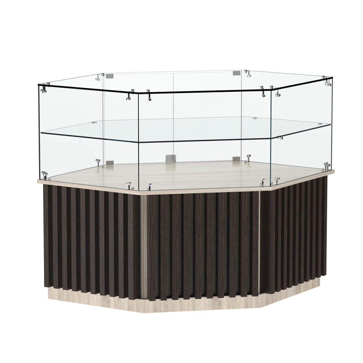 Торговый прилавок низкий шестигранный с планками и одной полкой серии ВЕРТИКАЛЬ №36 Дуб Сонома + Дуб Венге