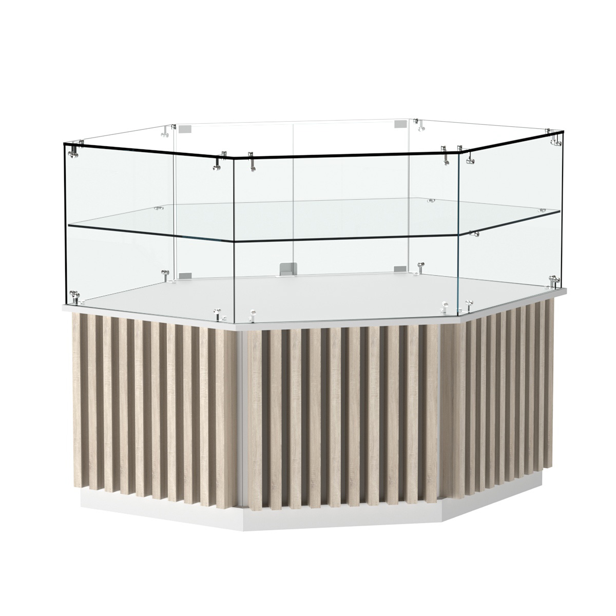 Торговый прилавок низкий шестигранный с планками и одной полкой серии ВЕРТИКАЛЬ №36 Белый + Дуб Сонома