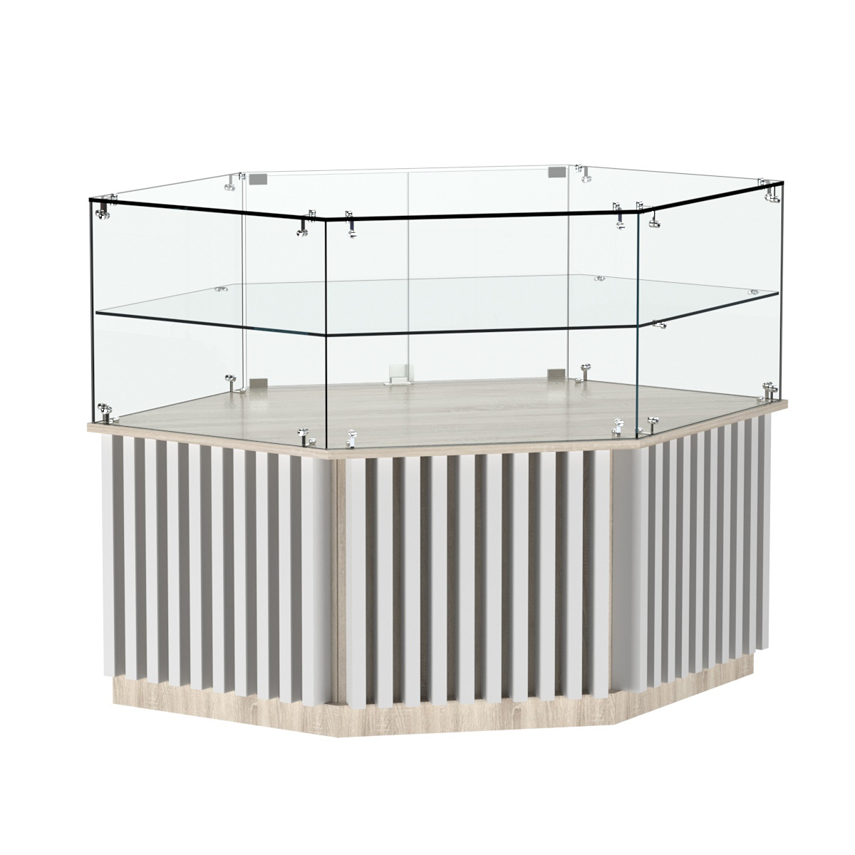 Торговый прилавок низкий шестигранный с планками и одной полкой серии ВЕРТИКАЛЬ №36 Дуб Сонома + Белый