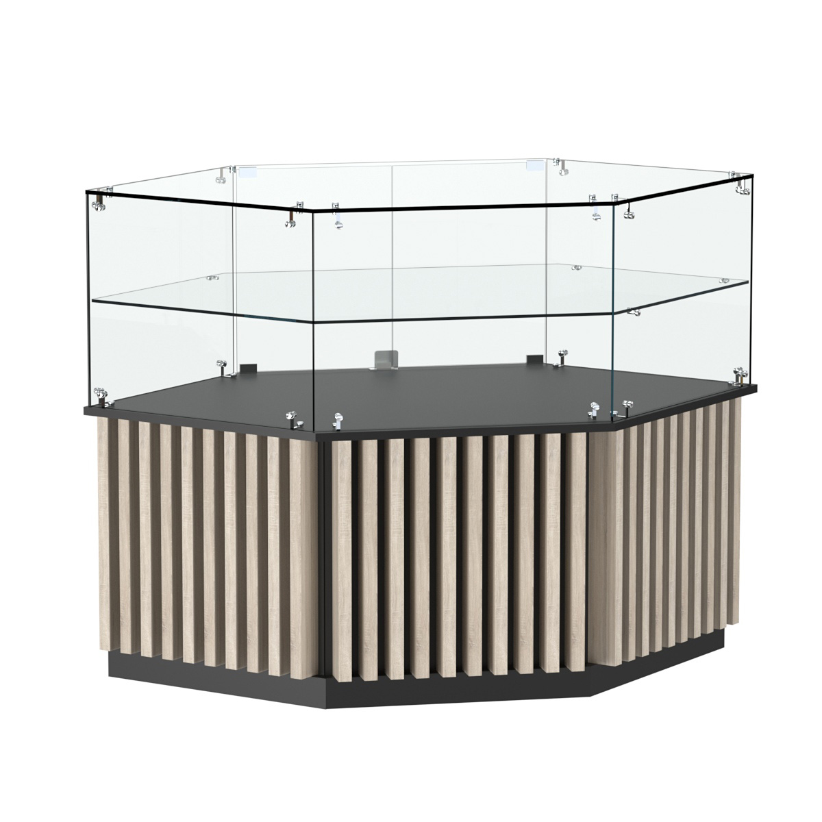 Торговый прилавок низкий шестигранный с планками и одной полкой серии ВЕРТИКАЛЬ №36 Черный + Дуб Сонома