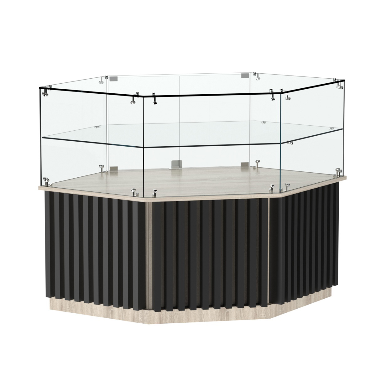 Торговый прилавок низкий шестигранный с планками и одной полкой серии ВЕРТИКАЛЬ №36 Дуб Сонома + Черный