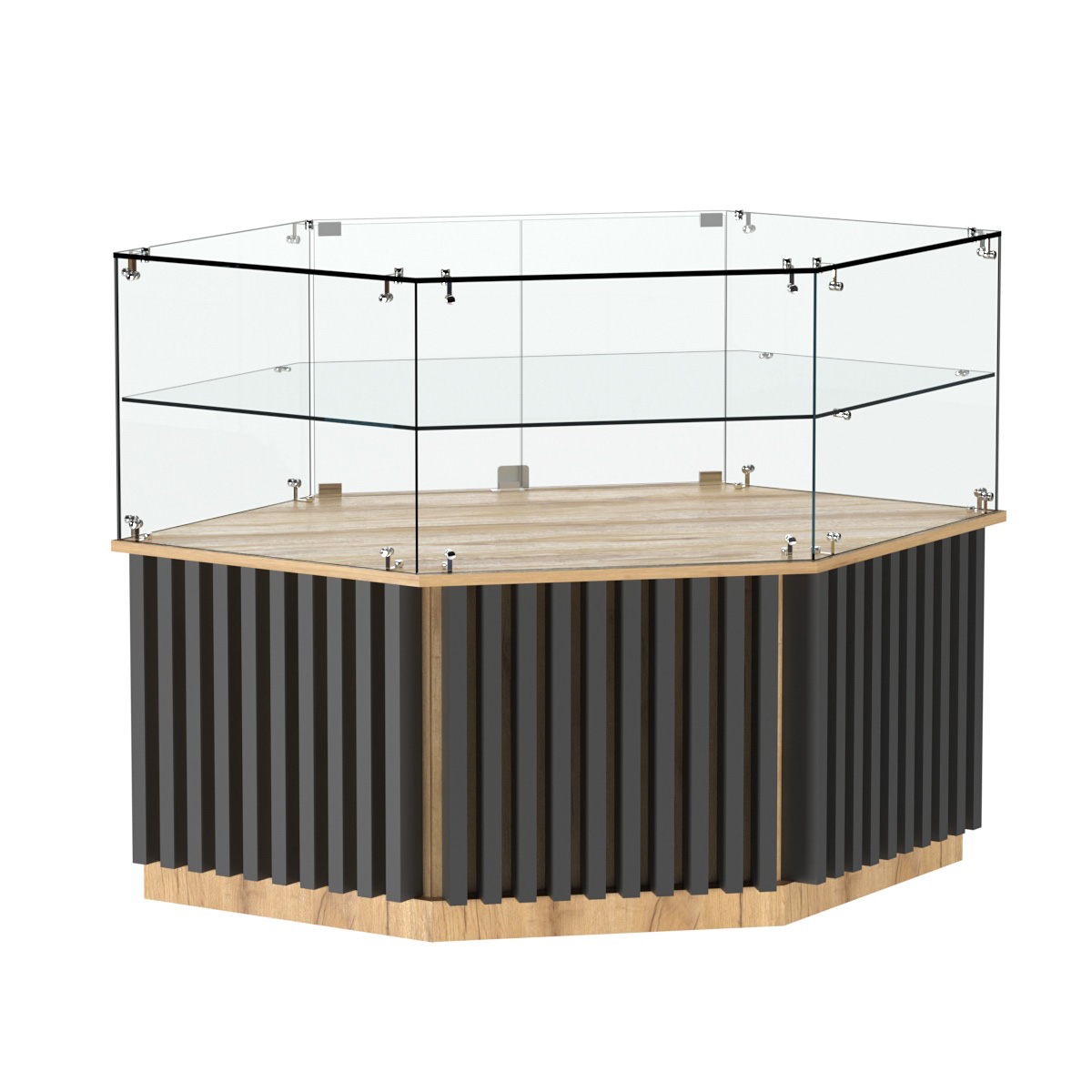 Торговый прилавок низкий шестигранный с планками и одной полкой серии ВЕРТИКАЛЬ №36 Дуб Золотистый и Темно-Серый