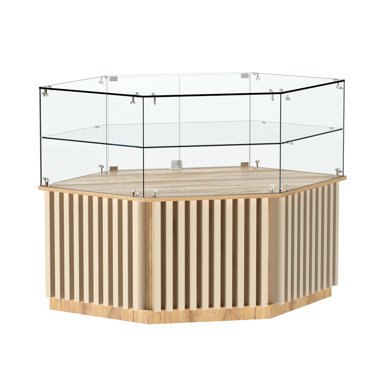 Торговый прилавок низкий шестигранный с планками и одной полкой серии ВЕРТИКАЛЬ №36 Дуб Золотистый и Крем Вайс