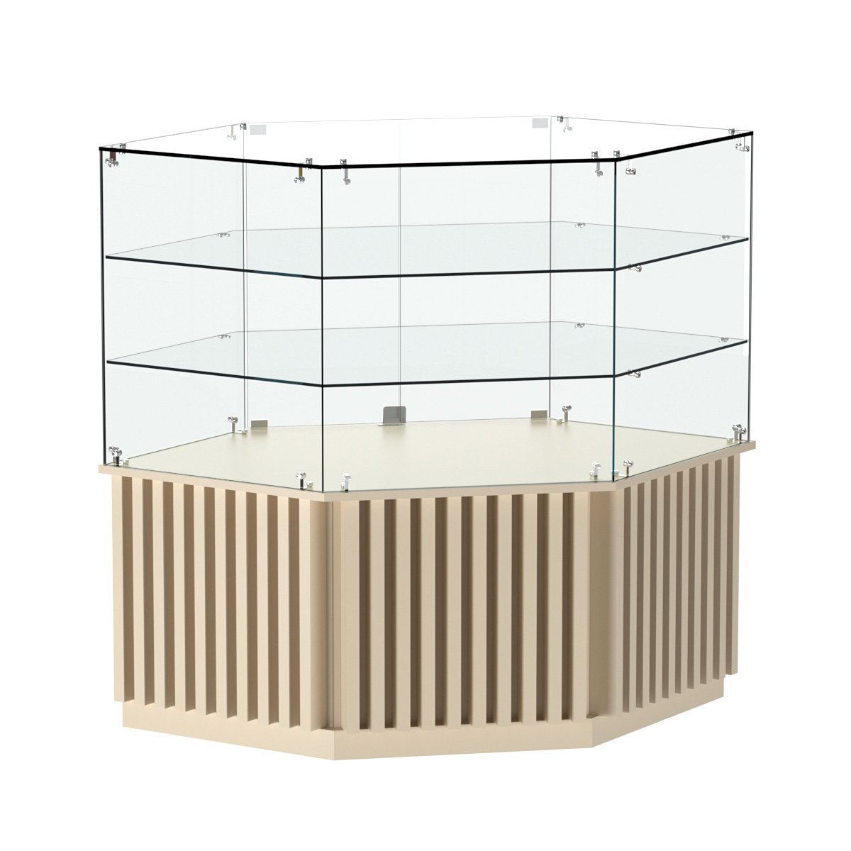 Торговый прилавок низкий шестигранный с планками и двумя полками серии ВЕРТИКАЛЬ №37 Крем Вайс